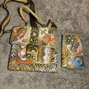 Hand painted anuschka bag and match wallet